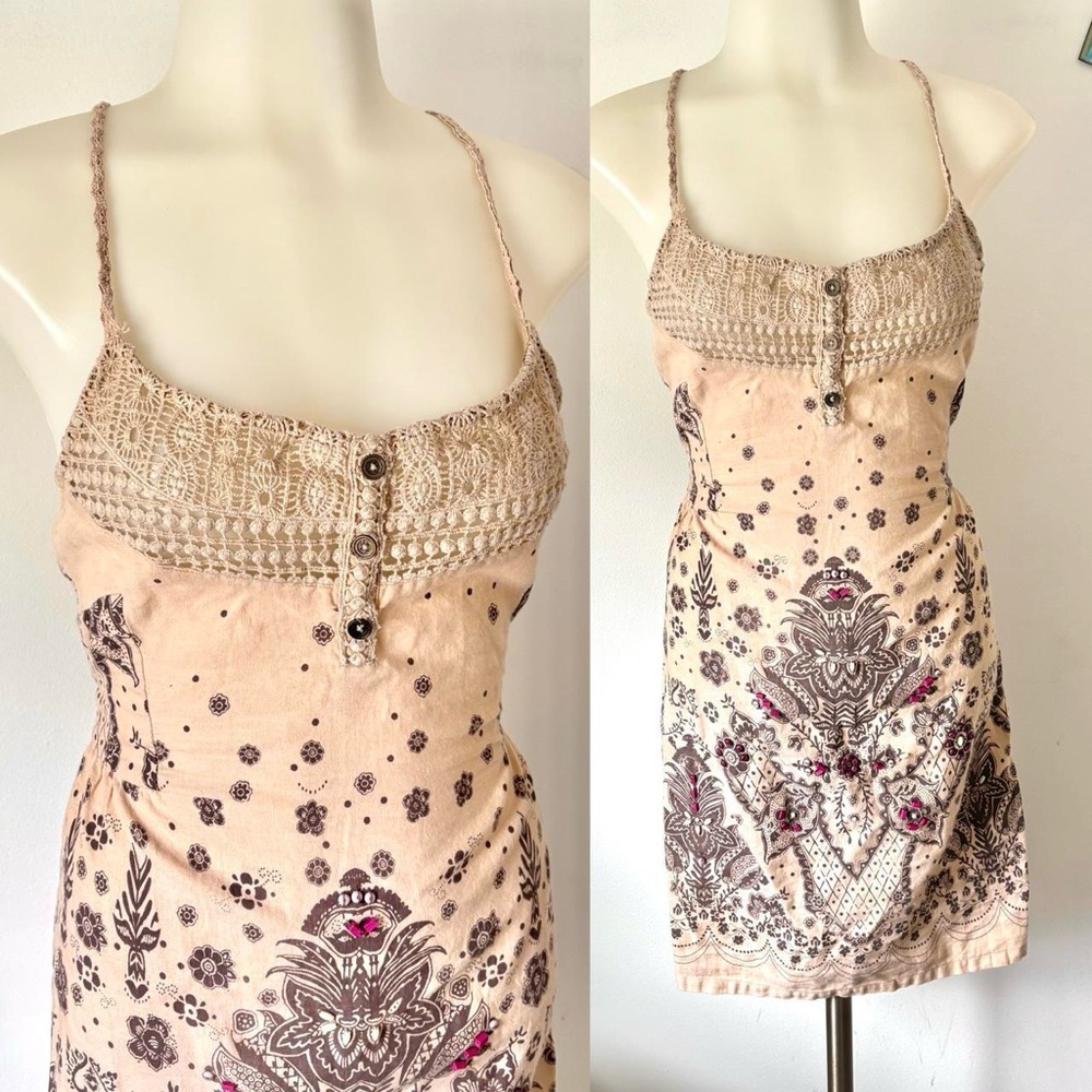 VTG 2000s Free People Brown Beaded Paisley Crochet-Trim Slip Dress